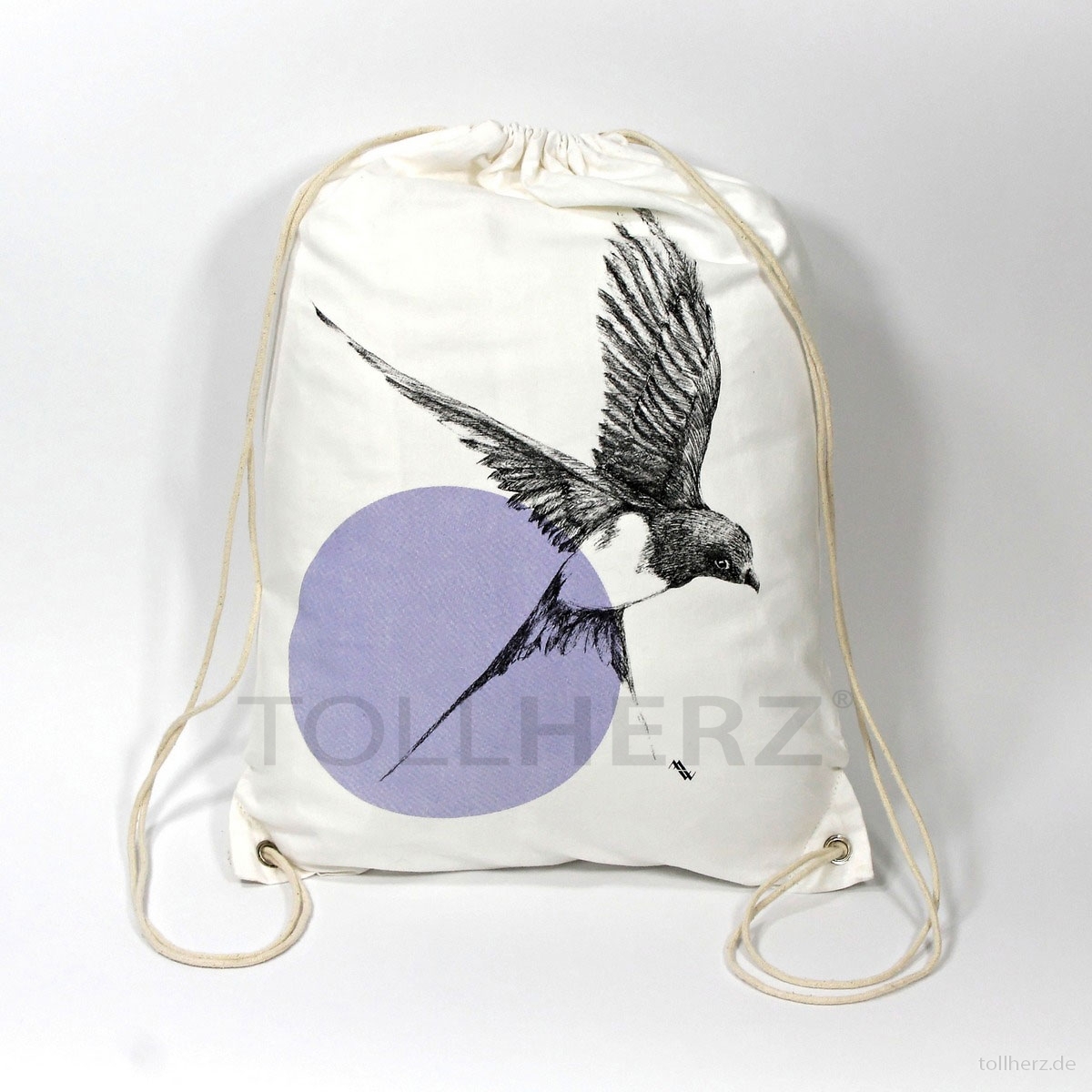 BB-100 Turnbeutel mit Kunstmotiv „Schwalbe“ in schwarz-violett auf cremeweiß, 33x45 cm