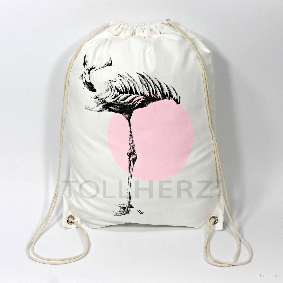 Turnbeutel mit Kunstmotiv „Flamingo“ in schwarz-rosa auf cremeweiß, 33x45 cm