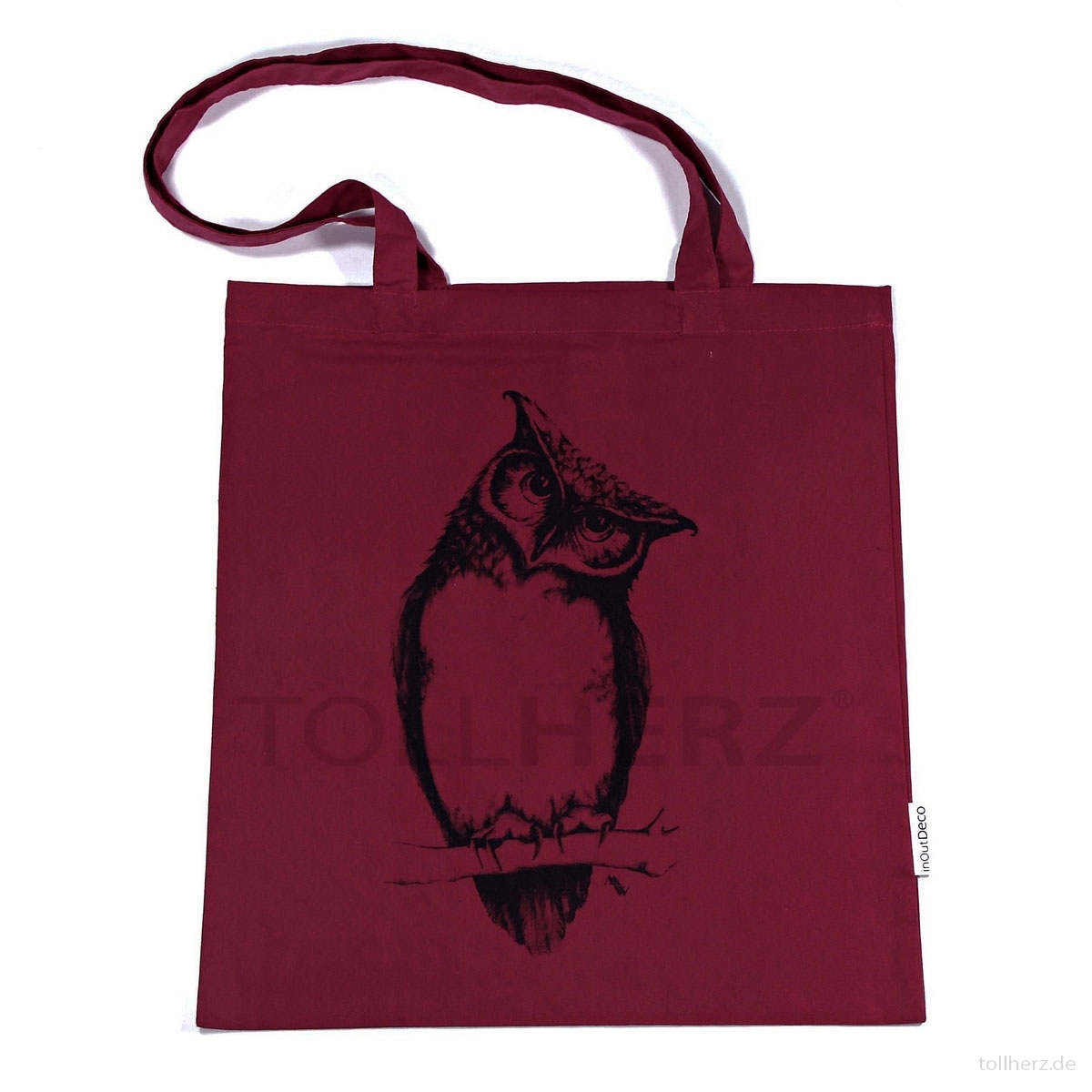 BT-103 Trage- und Schultertasche mit Kunstmotiv „Eule“ in bordeauxrot, 38x42 cm
