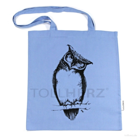 BT-203 Trage- und Schultertasche mit Kunstmotiv „Eule“ in hellblau, 38x42 cm