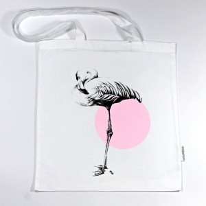 BT-250 Trage- und Schultertasche mit Kunstmotiv „Flamingo“ in schwarz-rosa auf weiß, 38x42 cm