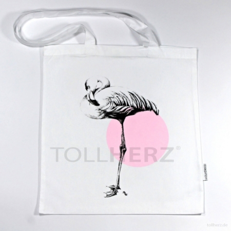 BT-250 Trage- und Schultertasche mit Kunstmotiv „Flamingo“ in schwarz-rosa auf weiß, 38x42 cm