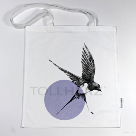 BT-251 Trage- und Schultertasche mit Kunstmotiv „Schwalbe“ in schwarz-violett auf weiß, 38x42 cm