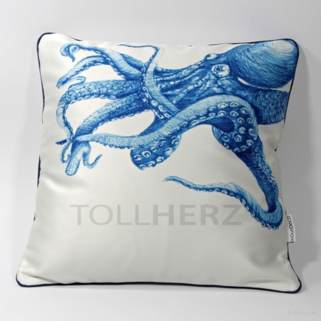 DK-116 Zierkissen mit Kunstmotiv „Octopus“ in blau auf cremeweiß, 40x40 cm