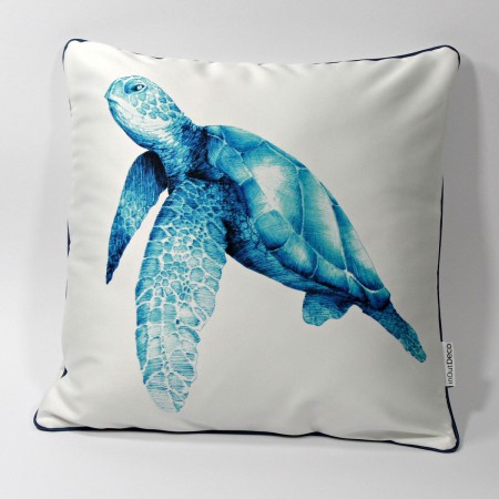 DK-117 Zierkissen mit Kunstmotiv „Meeresschildkröte“ in türkis auf cremeweiß, 40x40 cm