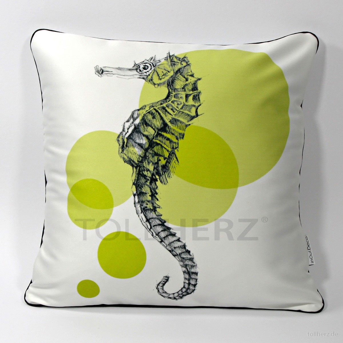 DK-119 Zierkissen mit Kunstmotiv „Seepferdchen“ schwarz auf cremeweiß, 40x40 cm