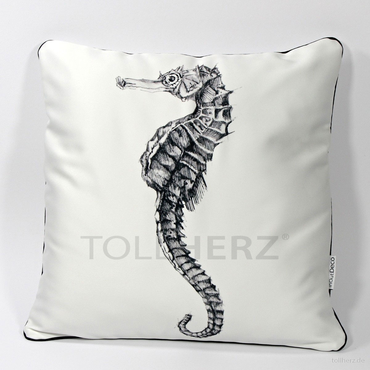 DK-120 Zierkissen mit Kunstmotiv „Seepferdchen“ schwarz auf cremeweiß, 40x40 cm