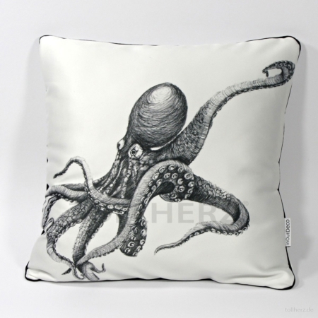 DK-126 Sofakissen mit Kunstmotiv „Octopus“ in schwarz auf cremeweiß, 40x40 cm