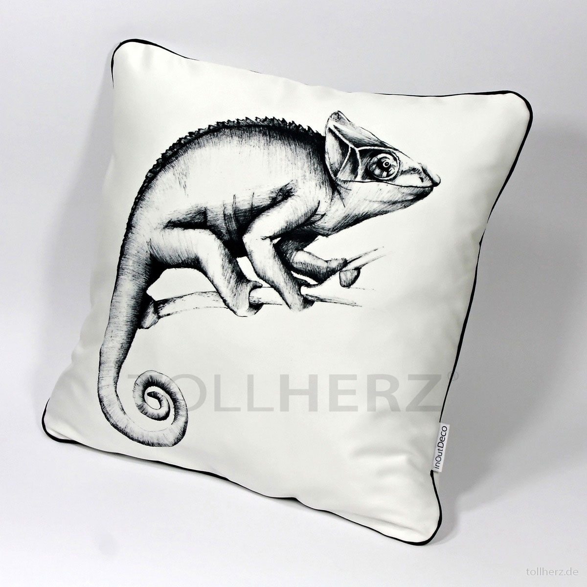 DK-131 Sofakissen mit Kunstmotiv „Chamäleon“ in schwarz auf cremeweiß, 40x40 cm