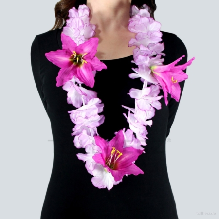 HK-305 Hawaiikette, Blumenkette mit XXL-Blüten in violett-weiß