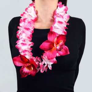 HK-309 Hawaiikette, Blumenkette mit XXL-Blüten in pink-weiß
